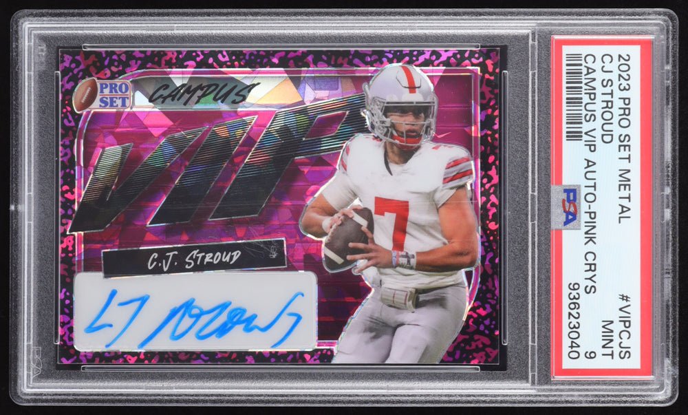 CJ Stroud 2023 Pro Set Metal Campus VIP Auto Crystal Pink #VIPCJS RC 5/5 (PSA 9)