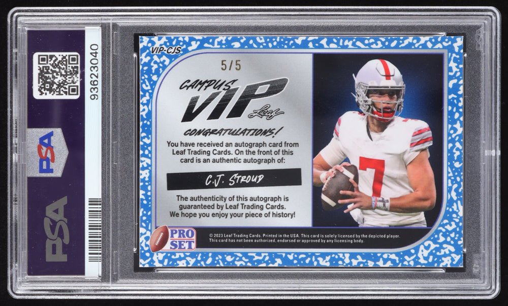 CJ Stroud 2023 Pro Set Metal Campus VIP Auto Crystal Pink #VIPCJS RC 5/5 (PSA 9)