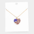 Women's Rhinestone Embellished American USA Flag Heart Pendant Statement Necklace 4th of July