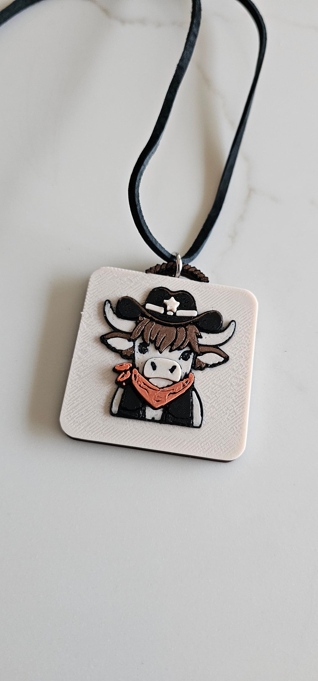 3D Print Cowboy Highland Cow Picture Necklace, Keychain or Purse Charm on Suede Leather Western Made in America