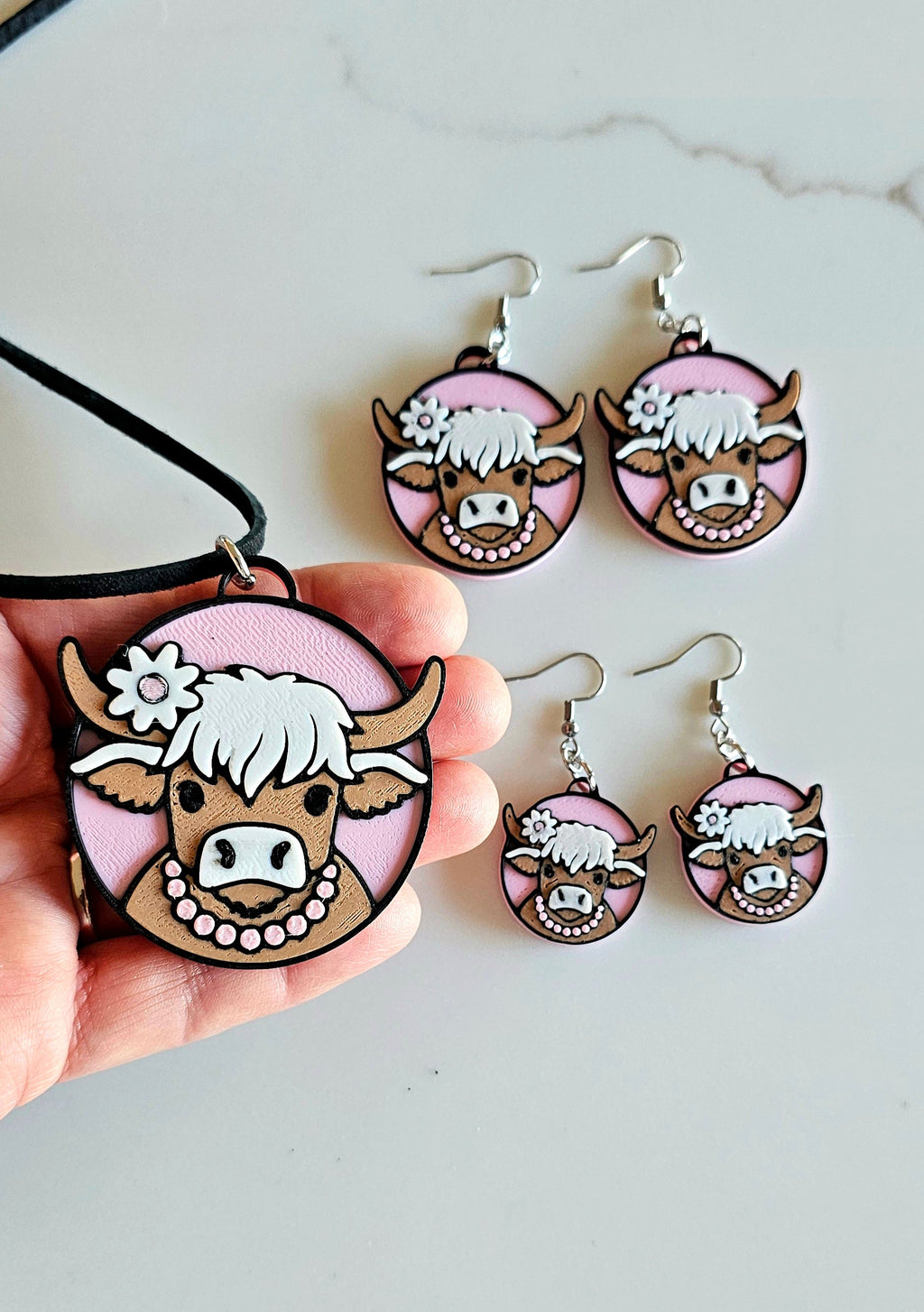 3D Print Cowgirl Highland Cow Picture Necklace or Earrings Western Made in America