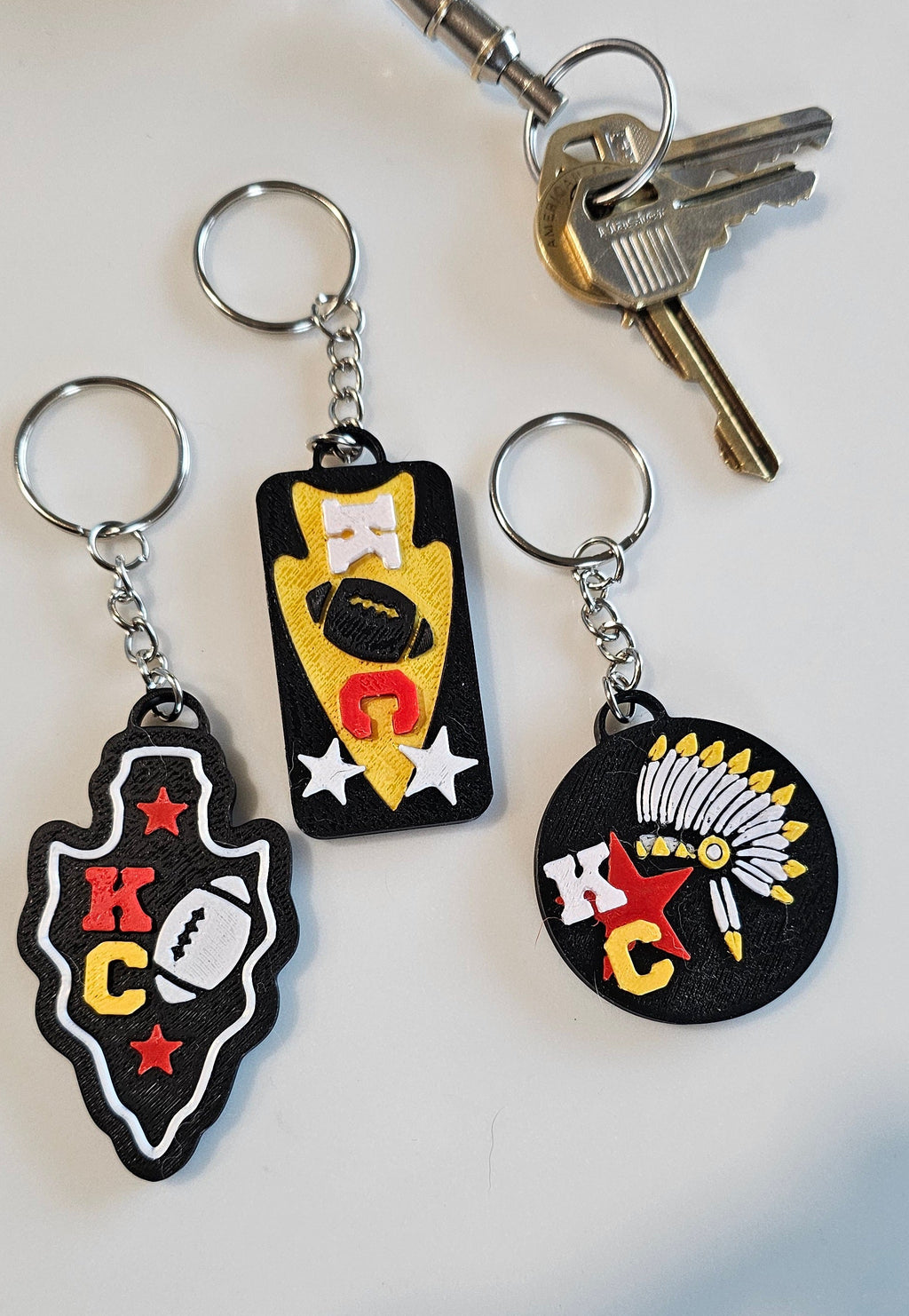 Set of 3 3D Print Chiefs Arrowhead Kc Kansas City Football Keychains Made in America
