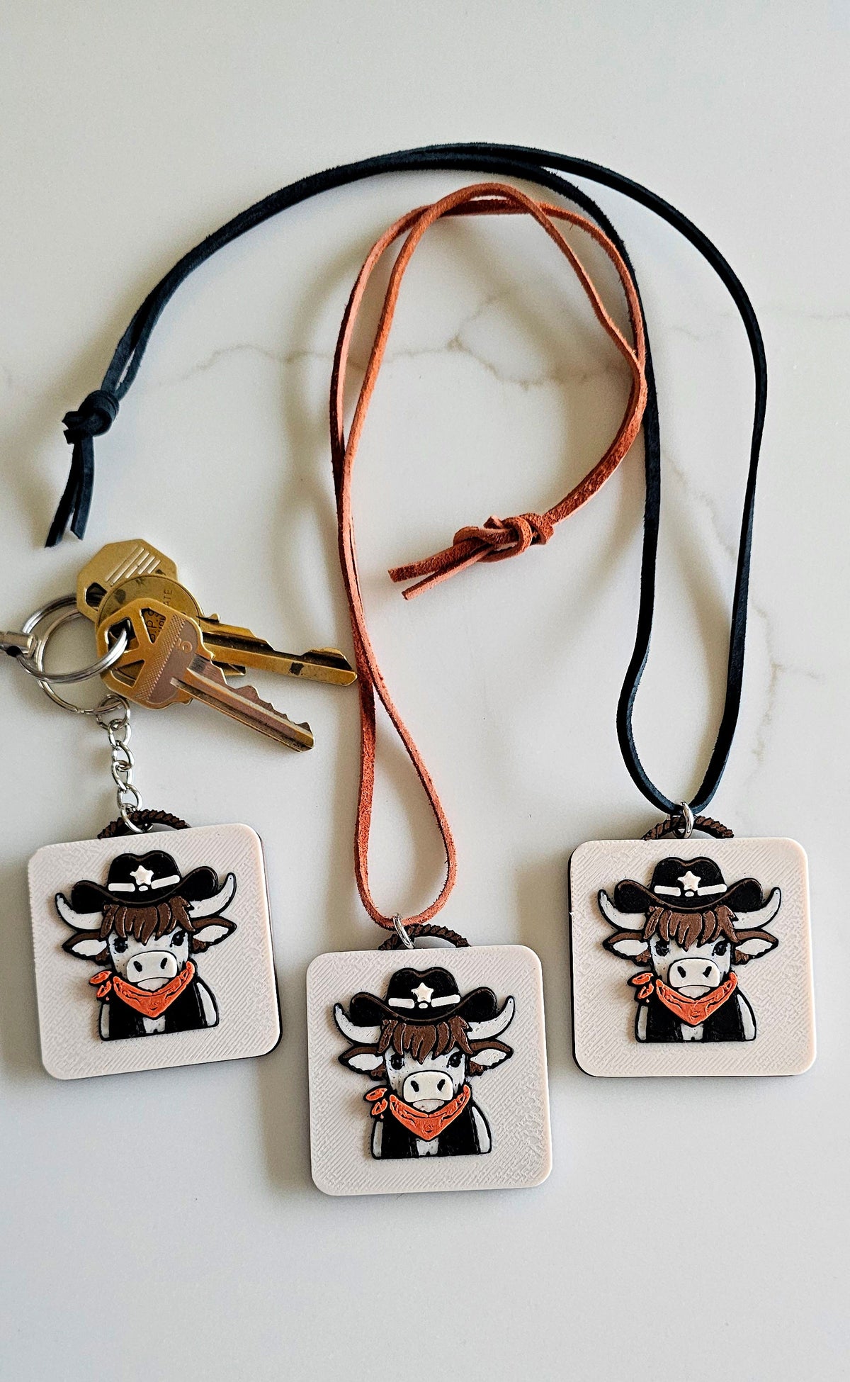 3D Print Cowboy Highland Cow Picture Necklace, Keychain or Purse Charm on Suede Leather Western Made in America