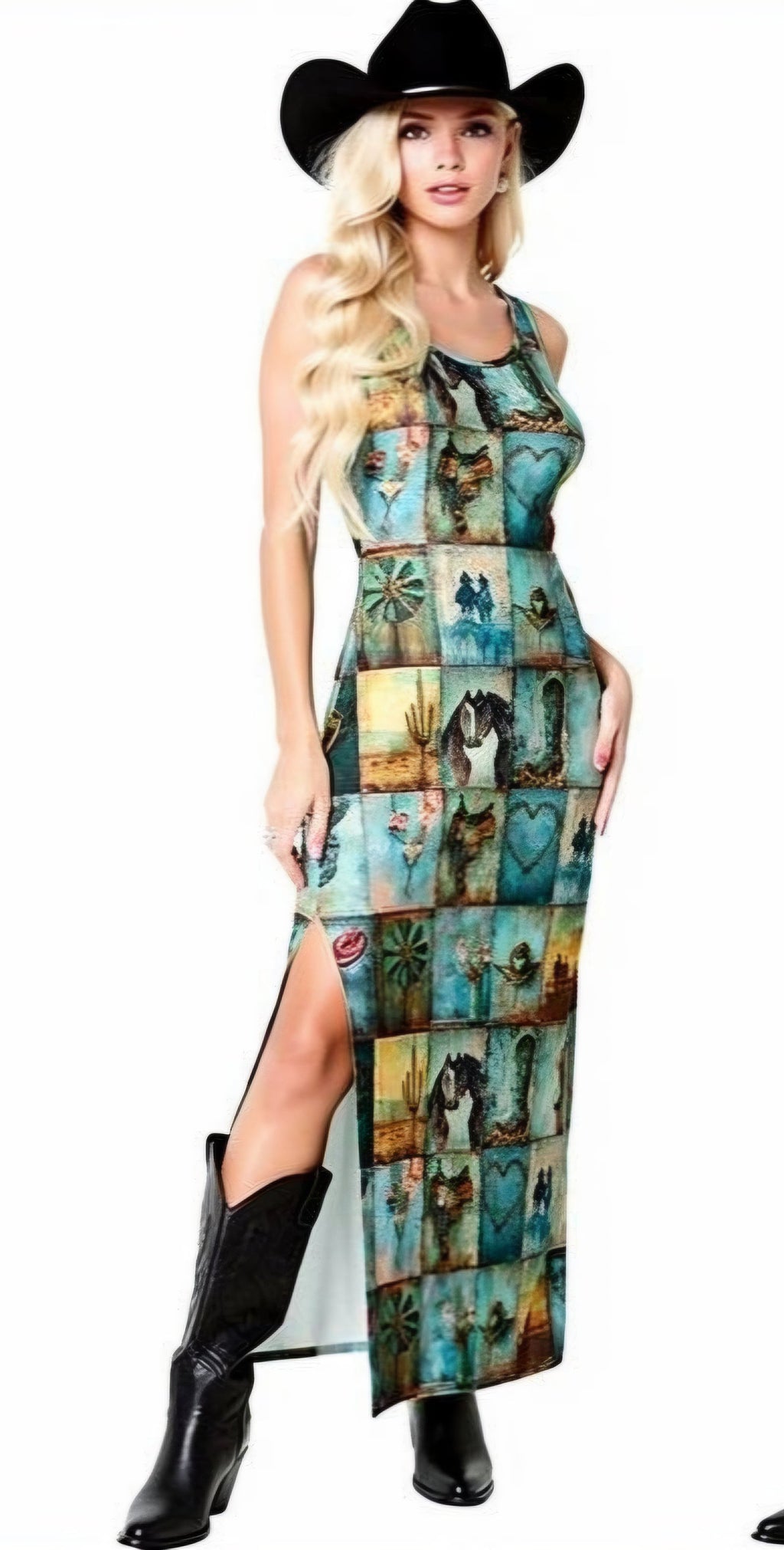 Baha Ranch Turquoise Dreams Sleeveless Bodycon Side Slit Long Dress