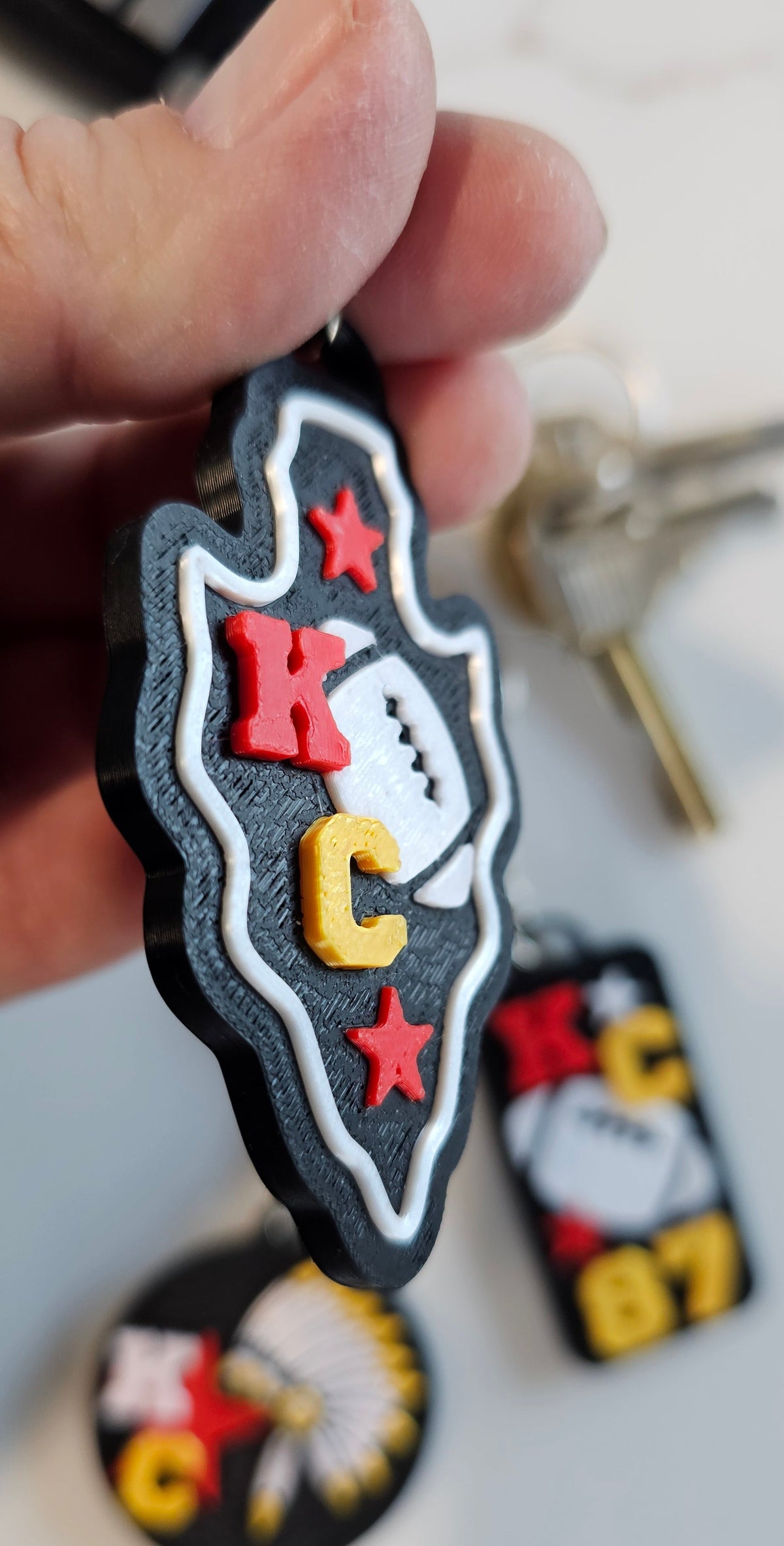 Set of 3 3D Print Chiefs Arrowhead Kc Kansas City 87 Football Keychains Made in America