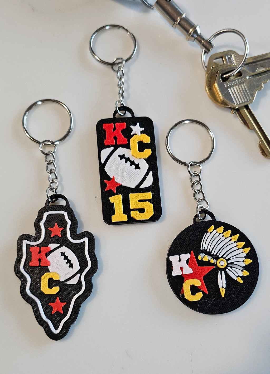Set of 3 3D Print Chiefs Arrowhead Kc Kansas City 15 Football Keychains Made in America