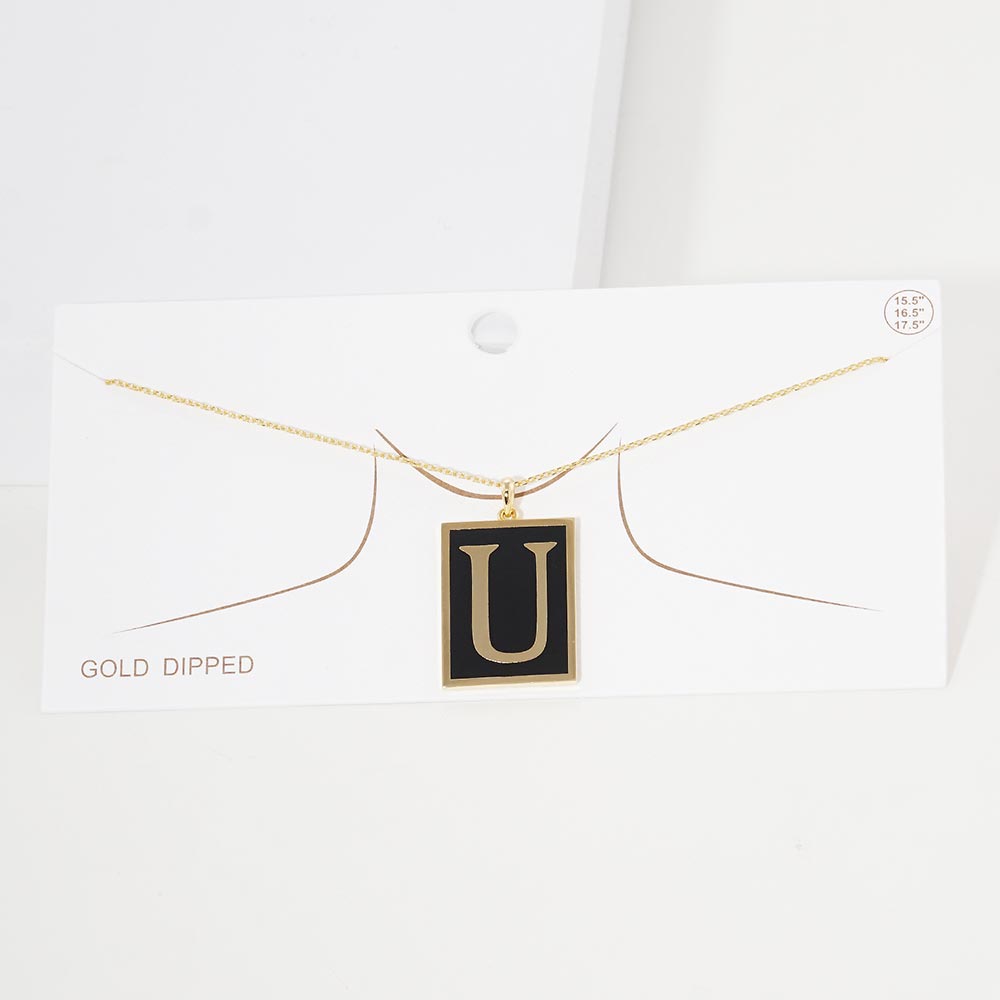 -U- Gold Dipped Enamel Rectangle Initial Monogram Pendant Necklace