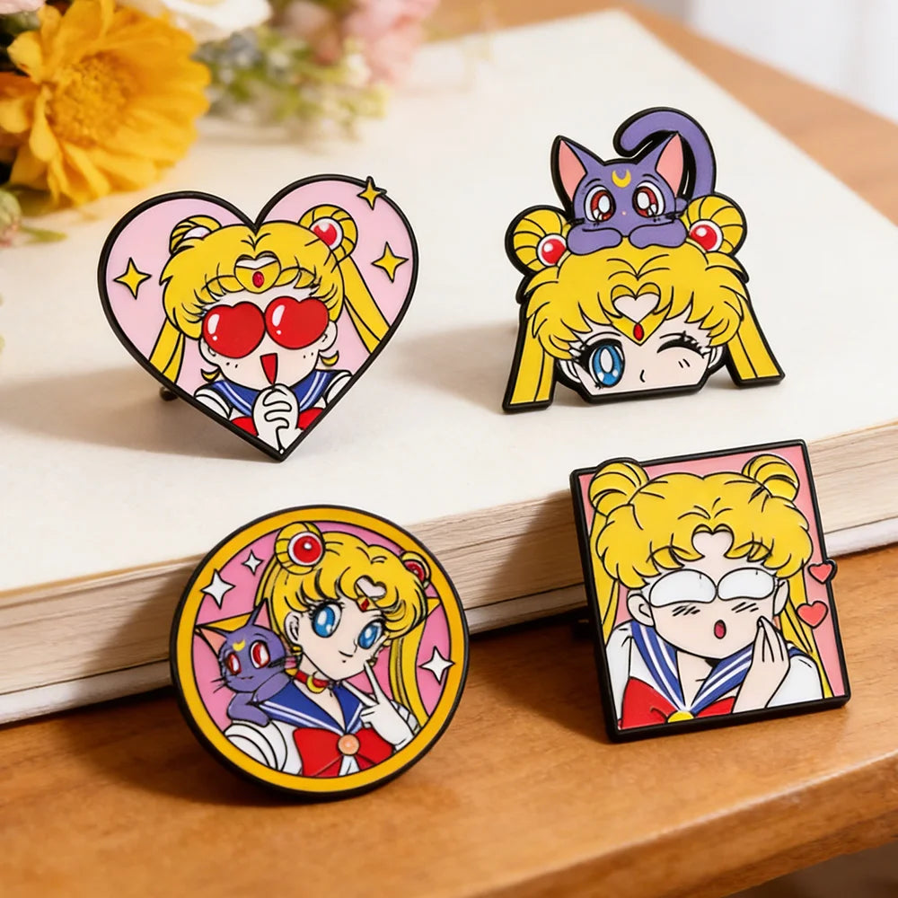 4 Pcs Sailor Moon Heart Shape Enamel Pins Cartoon Brooch Creativity Metal Badges for Backpack Clothing Jewelry Holiday Gift