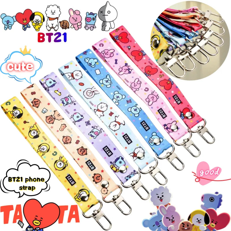 BT21 Koya Shooky Tata Cooky Mang phone lanyard creative high-quality anime cartoon print cute short anti-lost strap for couples