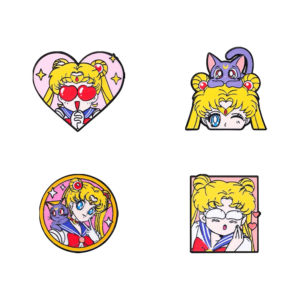 4 Pcs Sailor Moon Heart Shape Enamel Pins Cartoon Brooch Creativity Metal Badges for Backpack Clothing Jewelry Holiday Gift