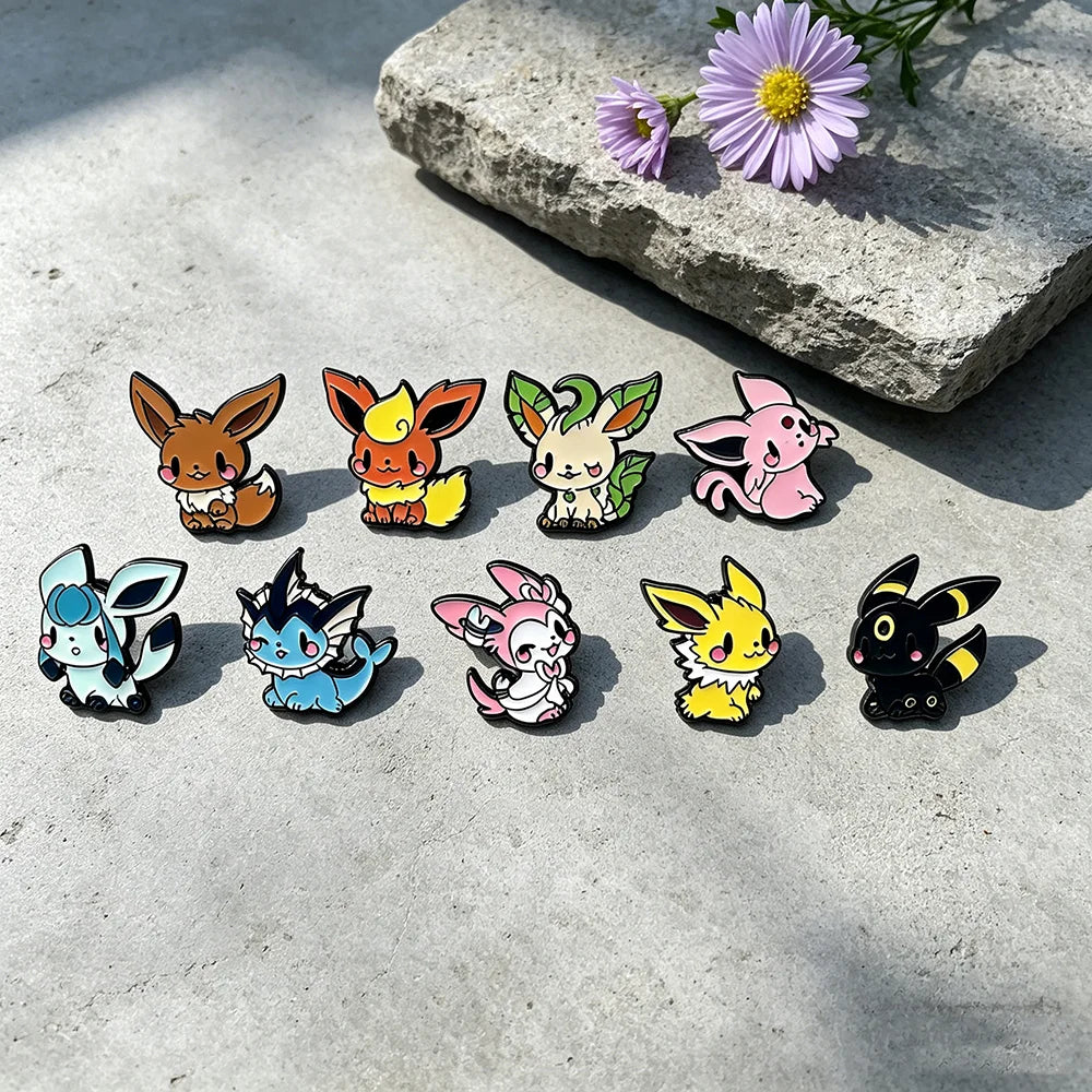 9 Pcs Anime Elf Brooch Set Eevee Enamel Pins Fashion Metal Badges Jewelry for Clothing And Backpack Accessory Gift for Fans