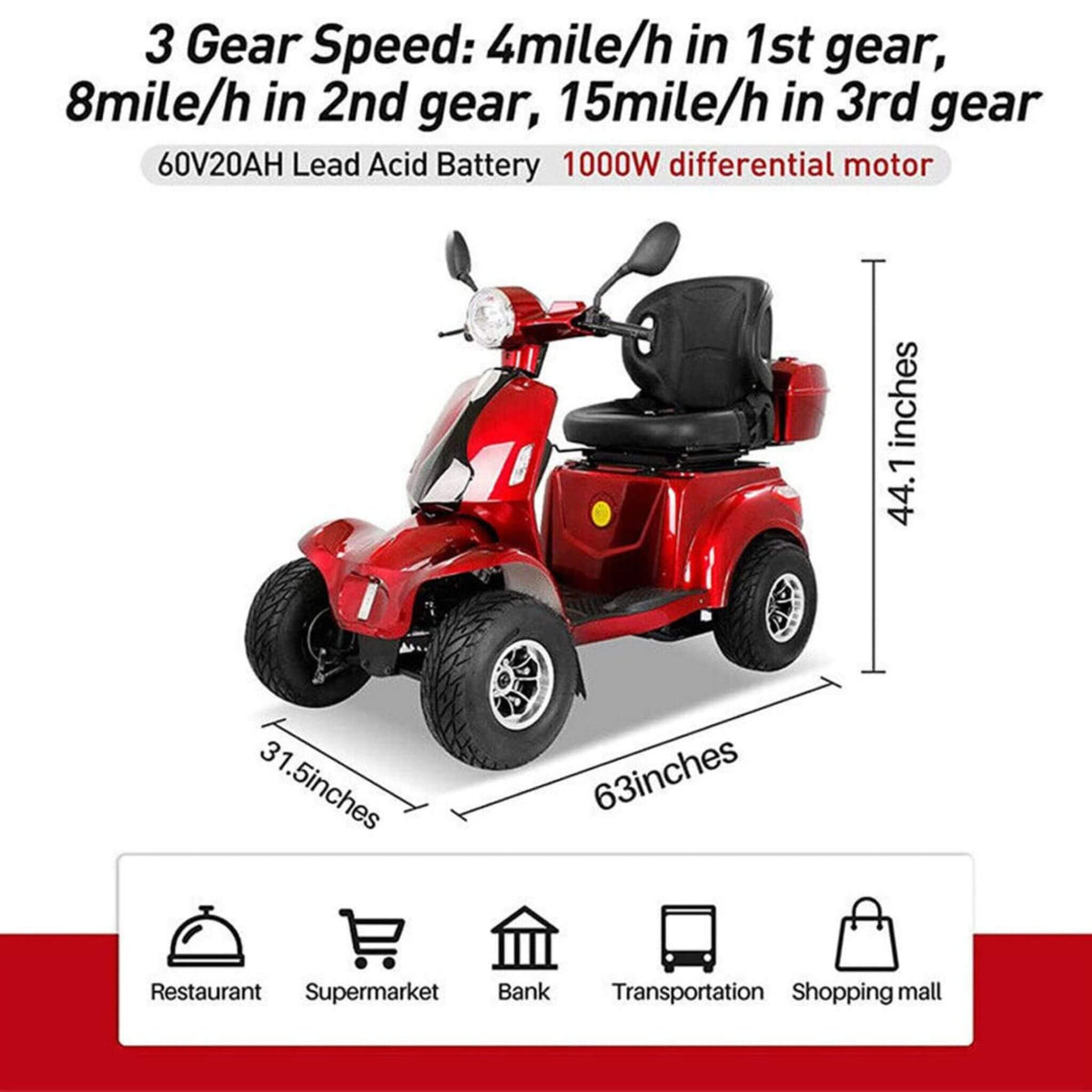 Zvg 4-Wheel 60V/20AH Electric Golf Senior Travel Mobility Scooter For Adults, 440LBS (SAK91582)