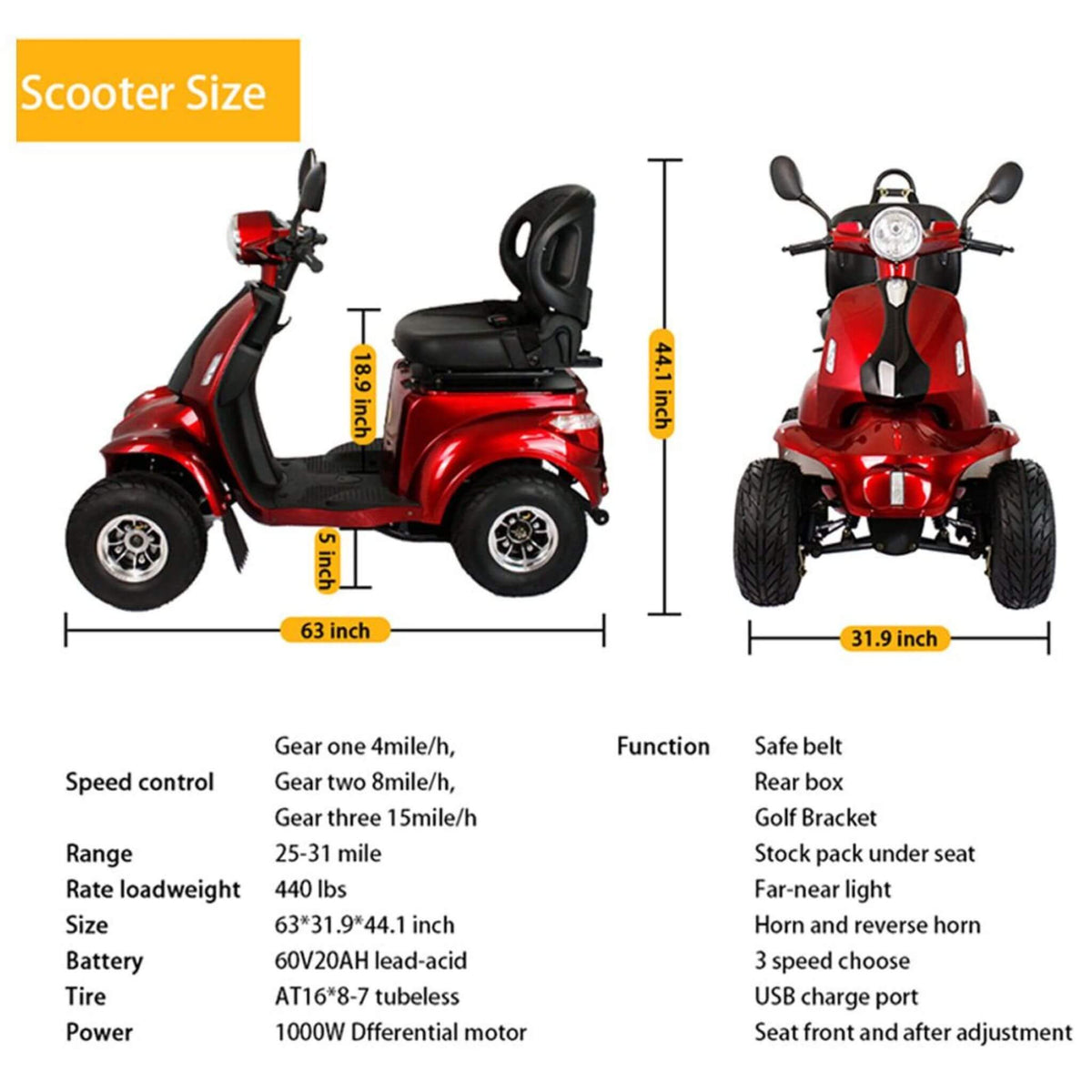 Zvg 4-Wheel 60V/20AH Electric Golf Senior Travel Mobility Scooter For Adults, 440LBS (SAK91582)